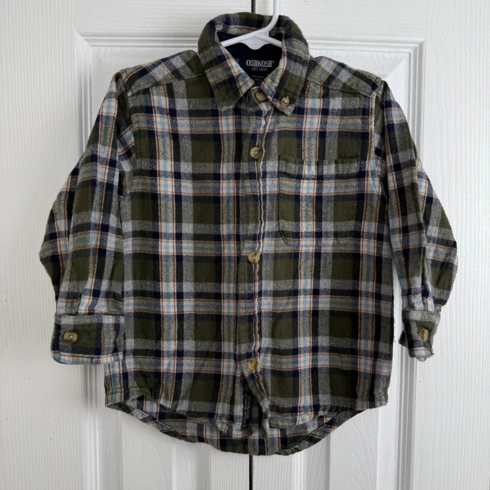 OshKosh B'gosh Kids Plaid Long Sleeve Button Down flannel Shirt Green‎ Blue 4T